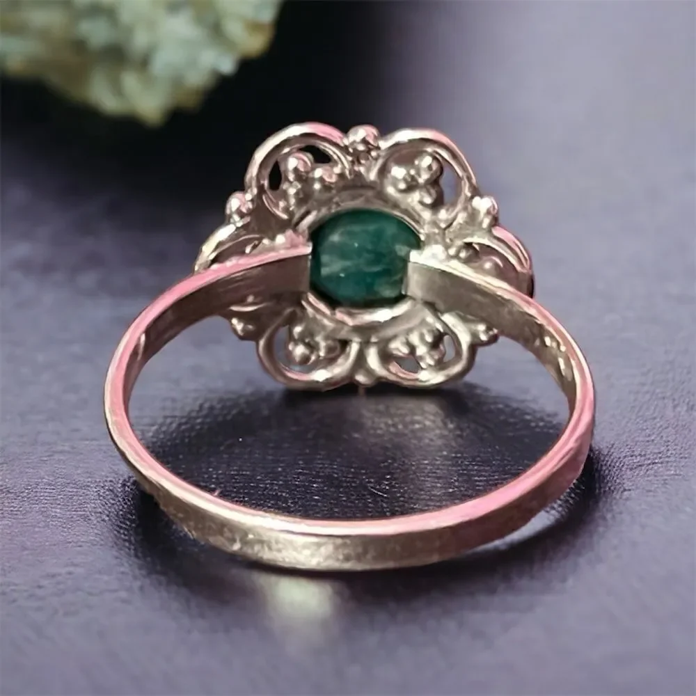 Genuine Emerald Filigree Sterling Silver Ring Size 8 Artisan Made